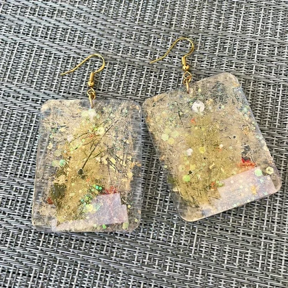 XMAS Handmade Large Pressed Flower Holiday Earrings Christmas Tree Rectangle - Picture 8 of 9